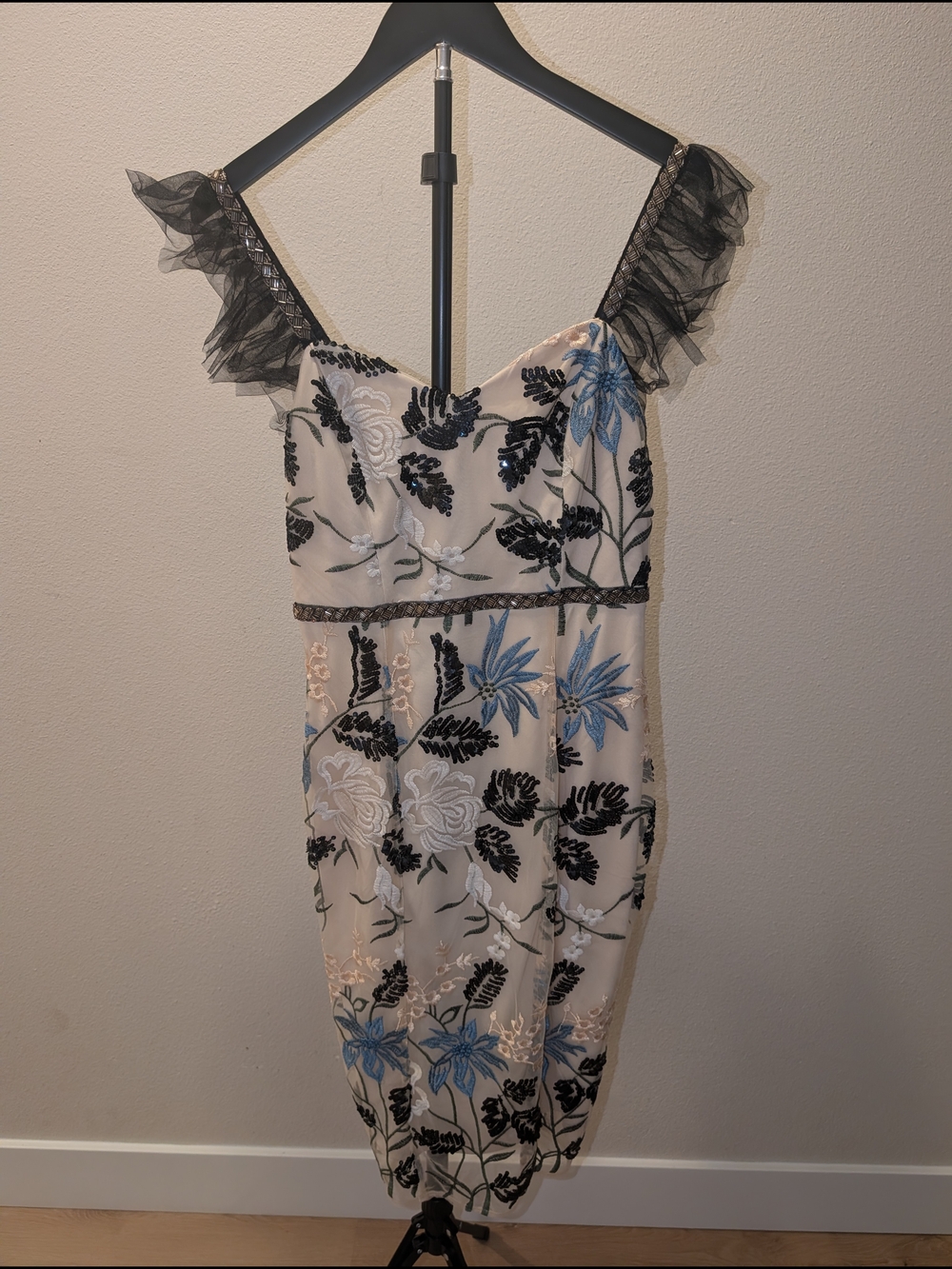 Lulu's Cream Midi Dress with Blue and Black Floral Embroidery